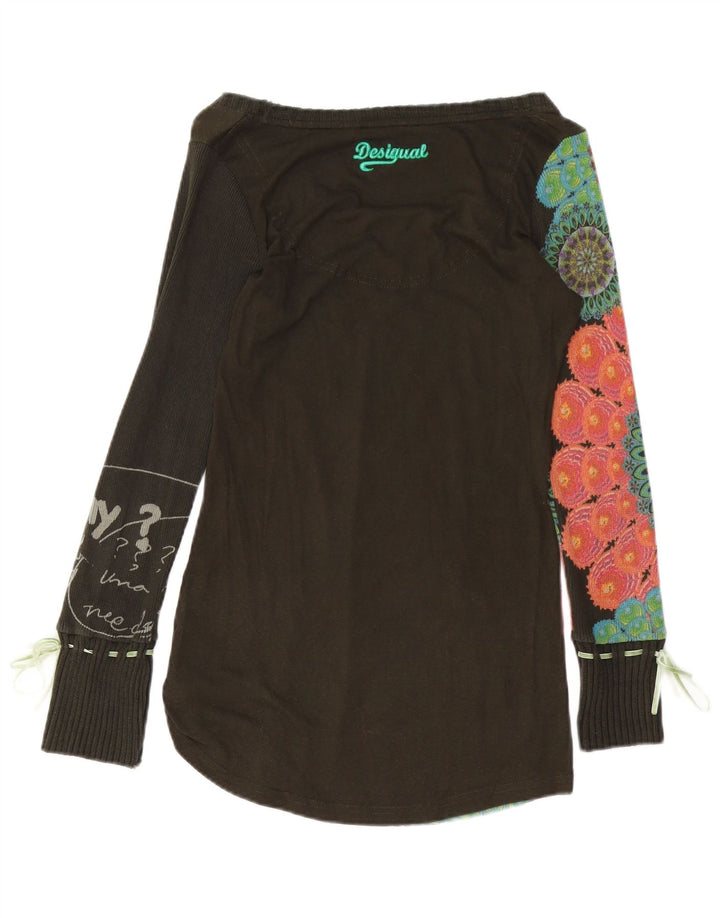 DESIGUAL Top grafico da donna manica lunga UK 10 piccolo cotone floreale marrone