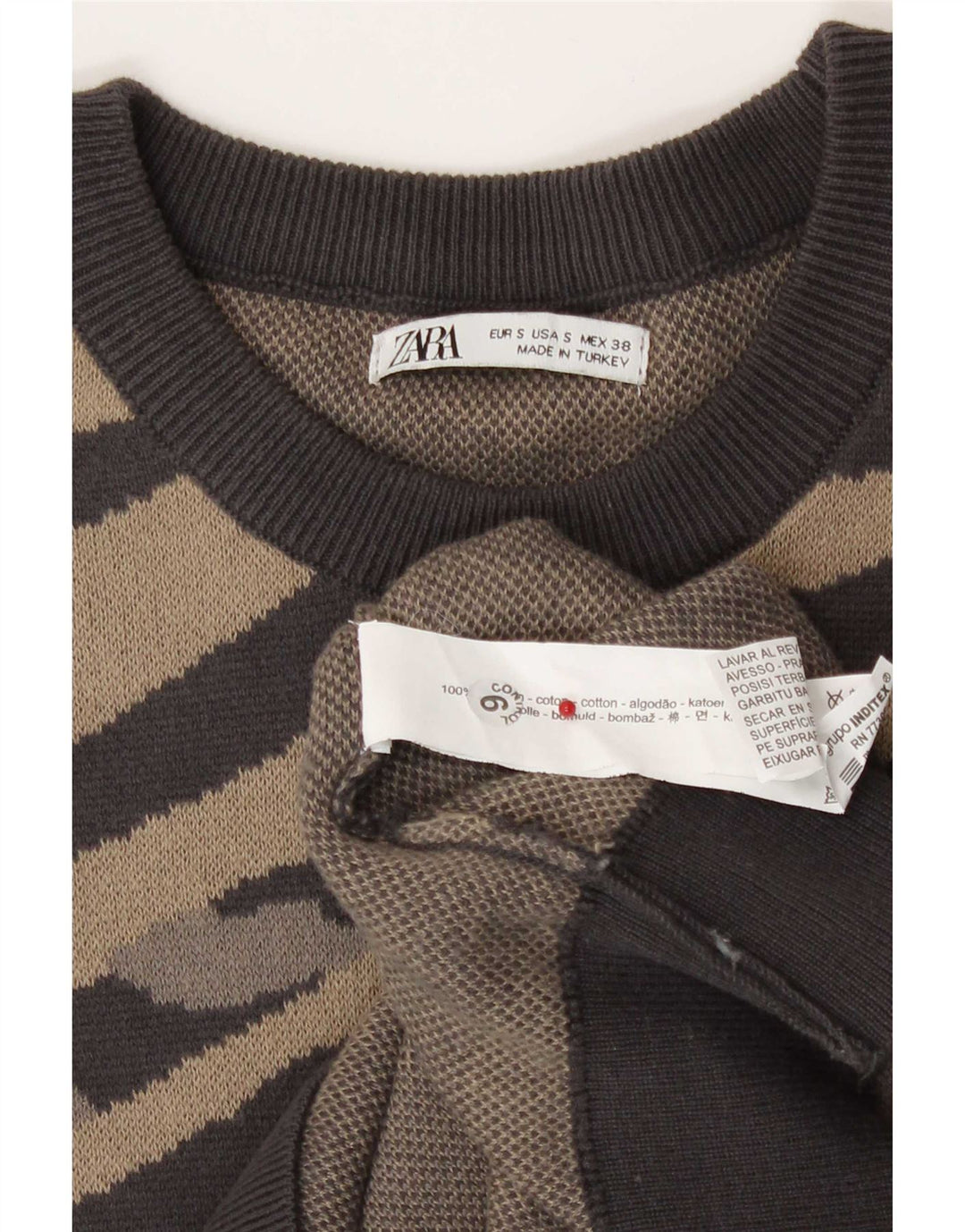 Zara Uomo Felpa Maglione Piccolo Marrone a Righe in Cotone