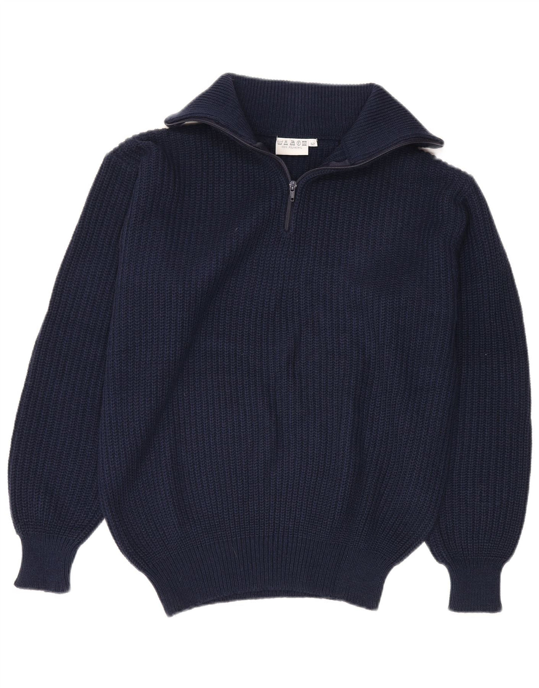 Maglione vintage da uomo con zip e collo IT 52 Large blu navy in poliacrilico