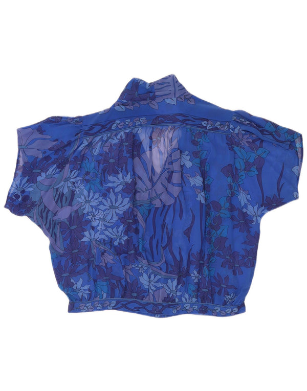 Camicetta vintage da donna a maniche corte trasparente UK 18 XL blu floreale