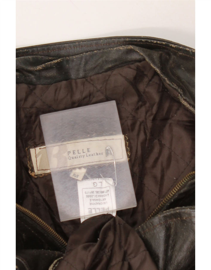 Giacca in pelle da donna con maniche a 3/4 VINTAGE UK 14 Pelle marrone medio