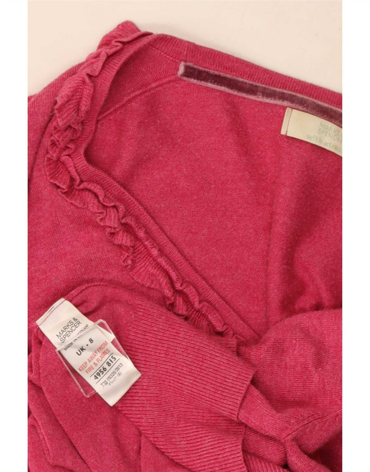 Maglione cardigan sul davanti con volant corto da donna Marks & Spencer UK 8 piccolo rosa