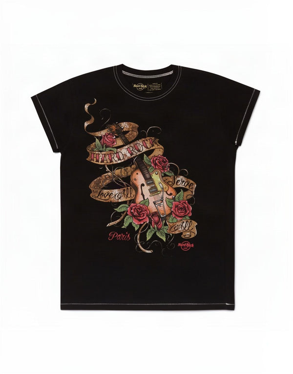 T-shirt grafica da donna Hard Rock Cafe Paris UK 14 Medium Black Floral