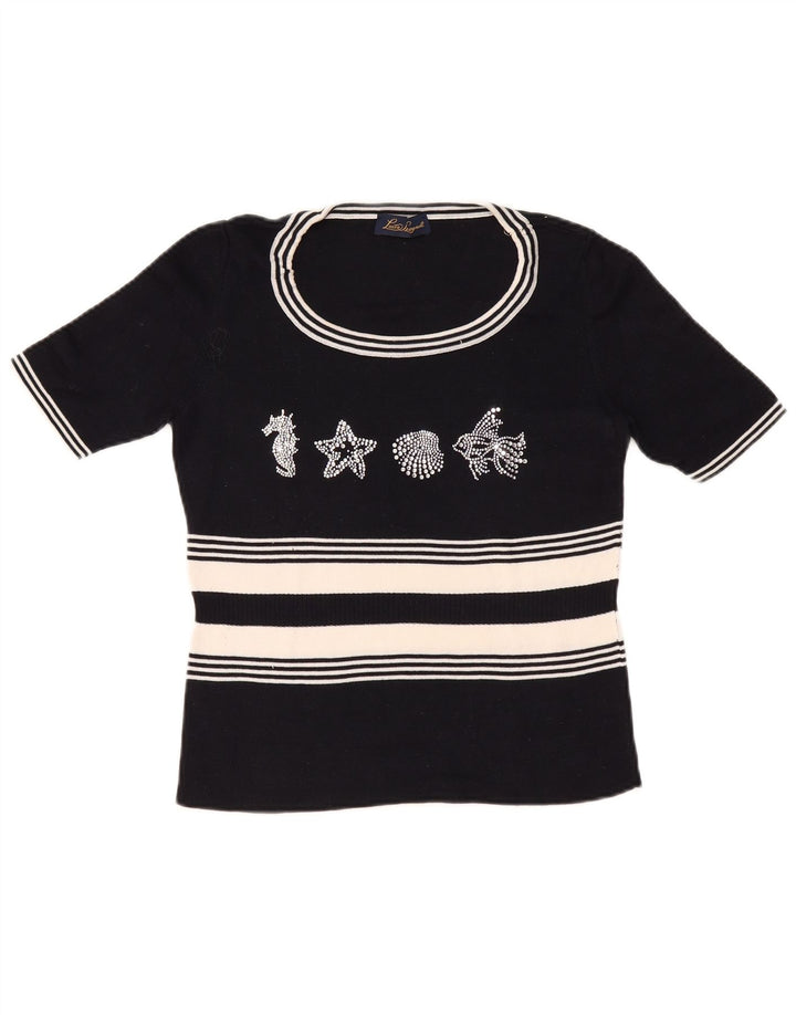 LUISA SPAGNOLI Maglione da donna con scollo a barca con grafica UK 14 Large Nero