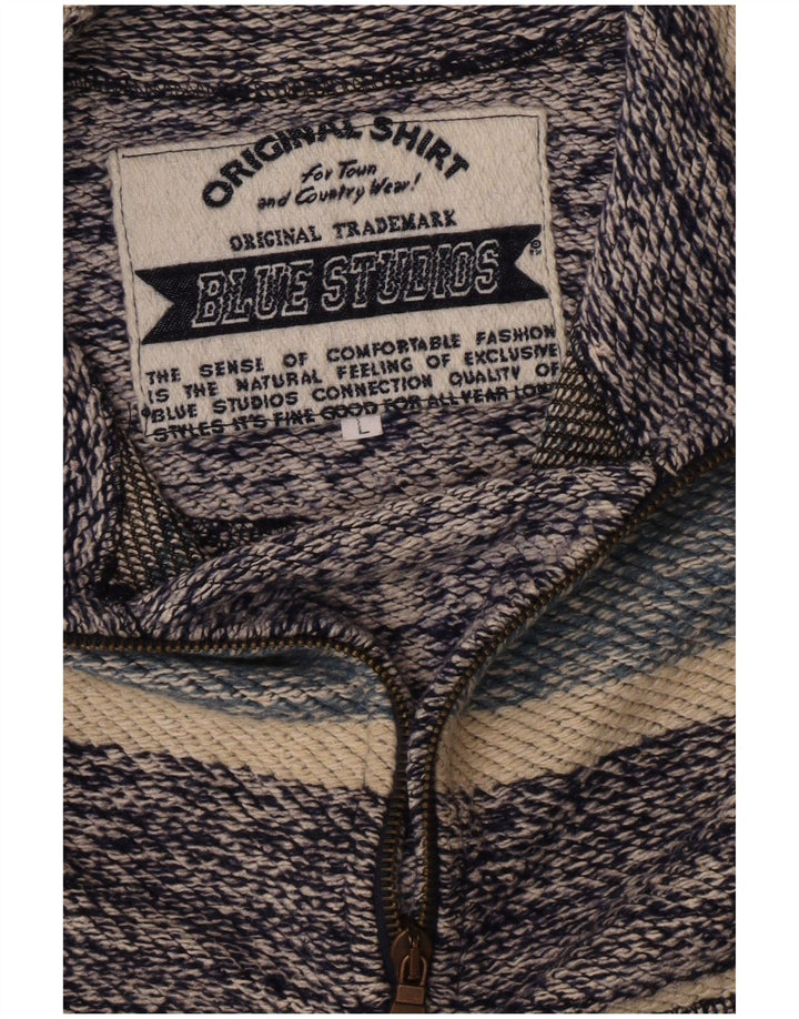 Felpa vintage da uomo con cerniera 1/4, maglione, blu medio, a righe retrò