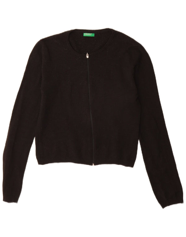 Maglione cardigan con zip intera da donna Benetton UK 10 piccolo acrilico nero