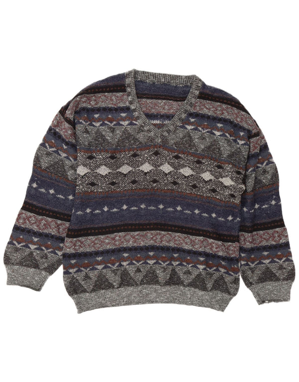 Maglione vintage da uomo con scollo a V, grande Fair Isle multicolore
