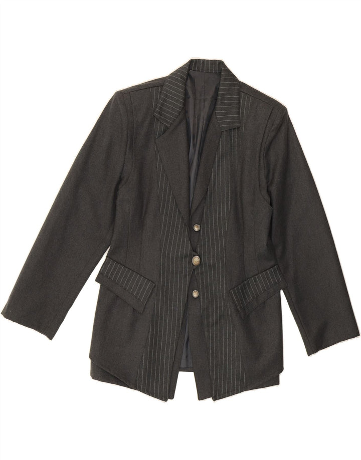 VINTAGE Womens 1 Button Blazer Jacket UK 14 Medium Grey Pinstripe Wool Vintage Vintage and Second-Hand Vintage from Messina Hembry 