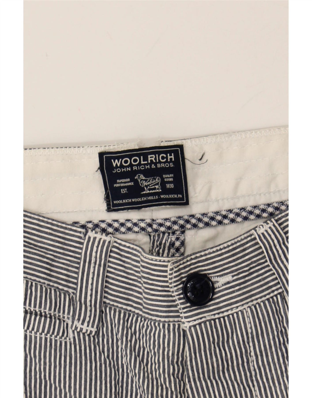 WOOLRICH Mens Chino Shorts W28 Small Blue Striped Cotton Vintage Woolrich and Second-Hand Woolrich from Messina Hembry 