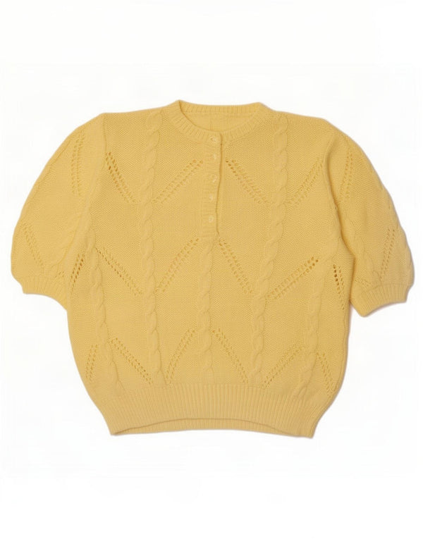 Maglione vintage da donna a maniche corte con collo a bottoni UK 18 XL Giallo