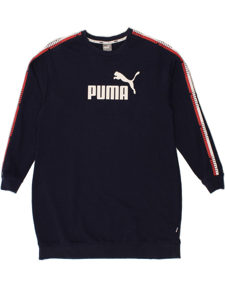 PUMA Womens Longline Graphic Sweatshirt Jumper UK 14 Large Navy Blue Vintage Puma and Second-Hand Puma from Messina Hembry 