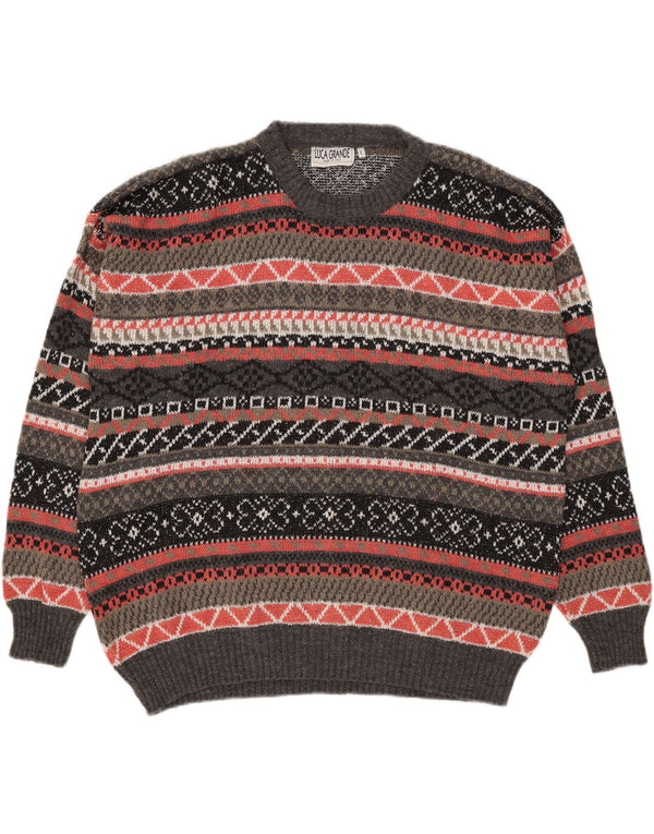 Vintage Mens Crew Neck Jumper Sweater Large Grey Geometric Acrylic