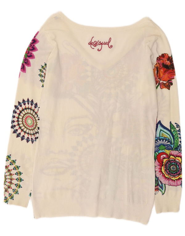 Desigual Donna Maglione con scollo a V grafico UK 14 Grande floreale bianco