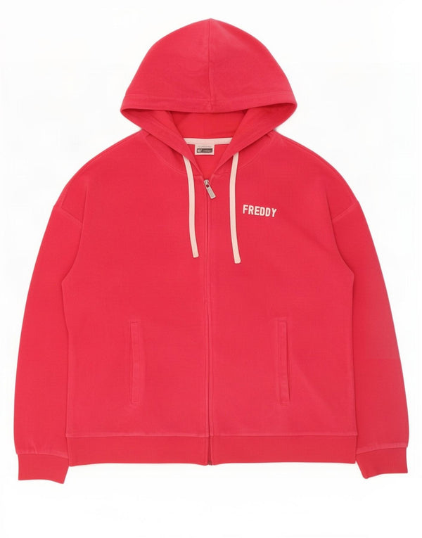 Felpa con cappuccio e zip in velluto grafico da donna Freddy UK 14 grande cotone rosa