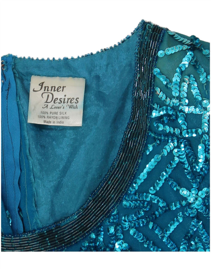 Abito a trapezio con paillettes vintage da donna UK 14 grande seta blu