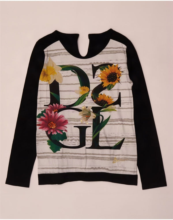 Desigual Donna Graphic Top Manica Lunga UK 14 Grande Nero Floreale Cotone