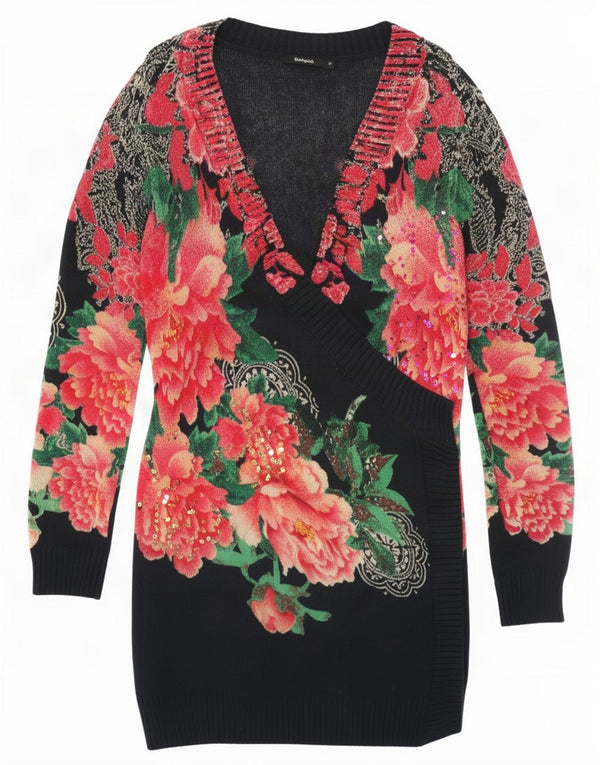 Desigual Donna Maglione con scollo a V lungo con scollo a V UK 12 Medio Nero Floreale