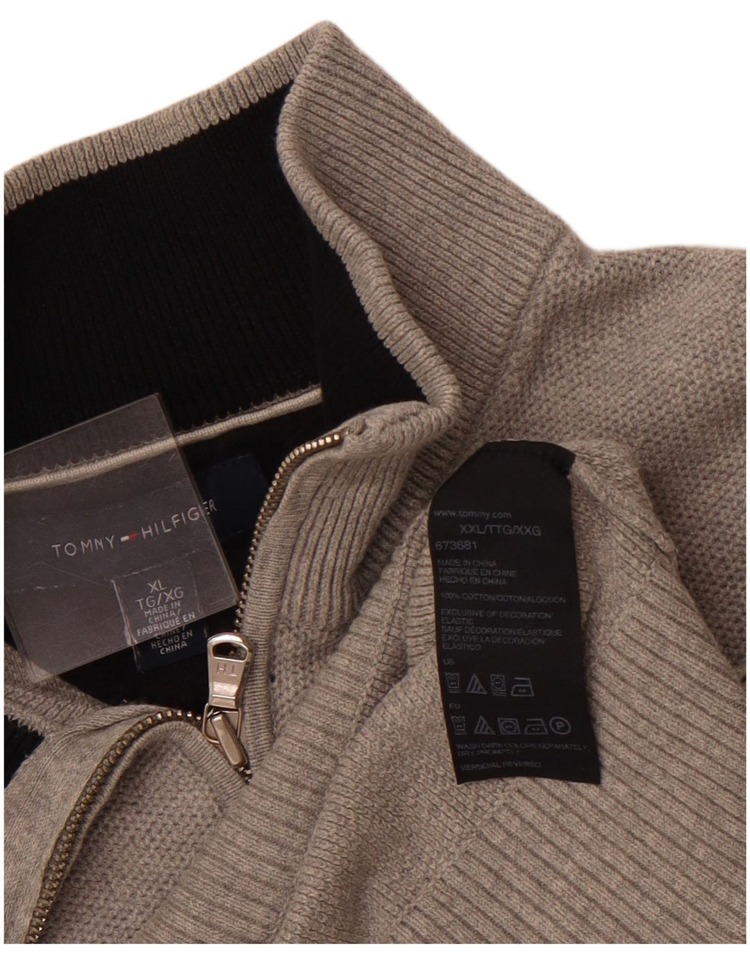 TOMMY HILFIGER Maglione da uomo con zip e collo XL in cotone grigio