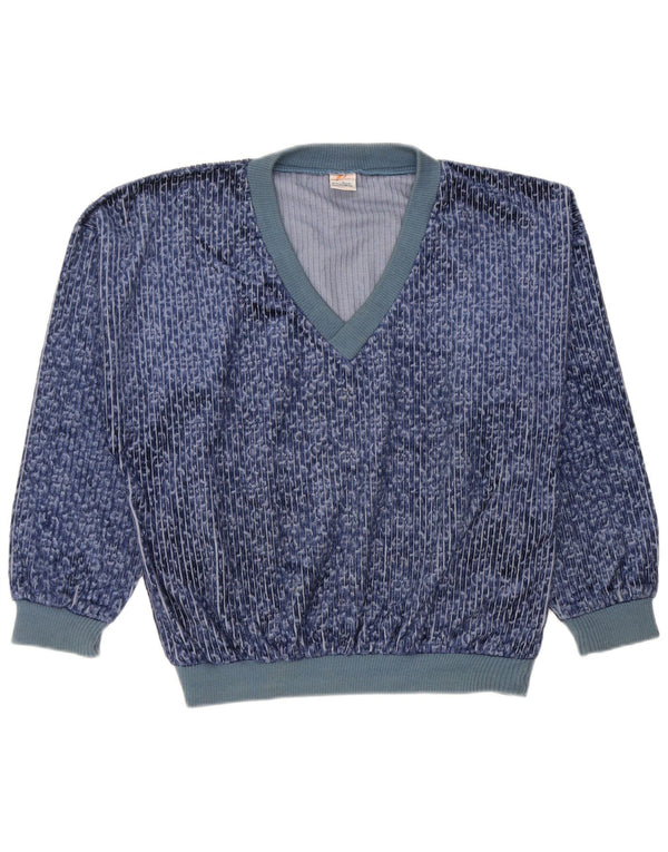 Felpa vintage da uomo in velluto, maglione, poliestere gessato blu medio