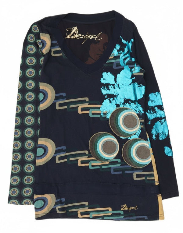 Desigual Donna Graphic Top Manica Lunga UK 10 Small Blu Navy