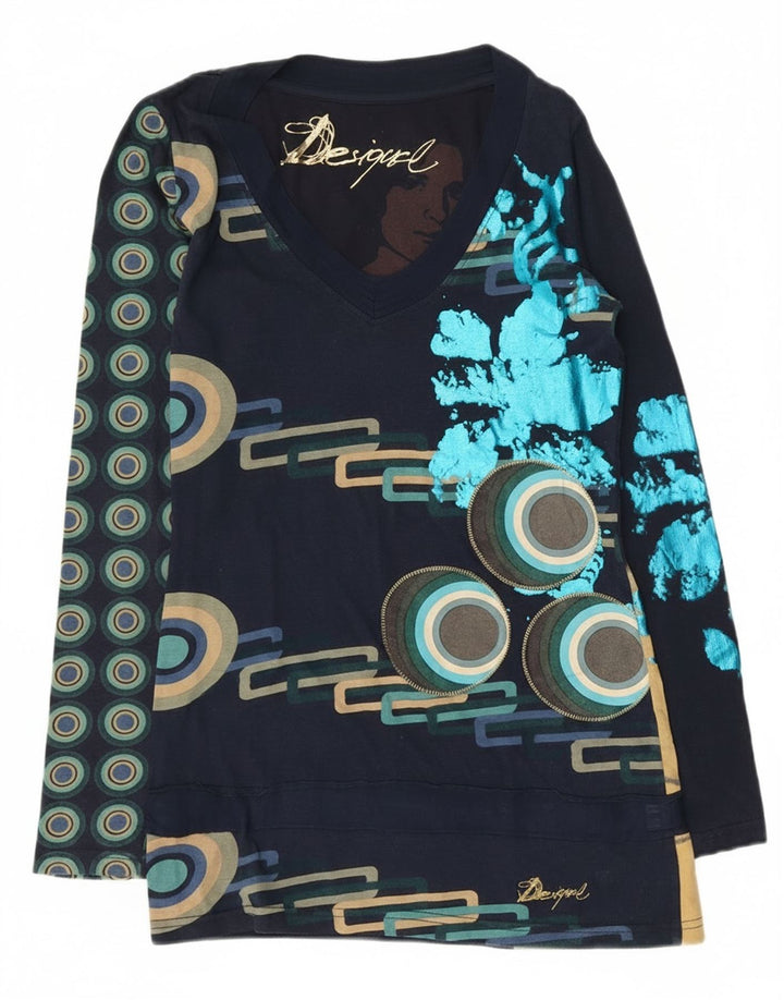 Desigual Donna Graphic Top Manica Lunga UK 10 Small Blu Navy