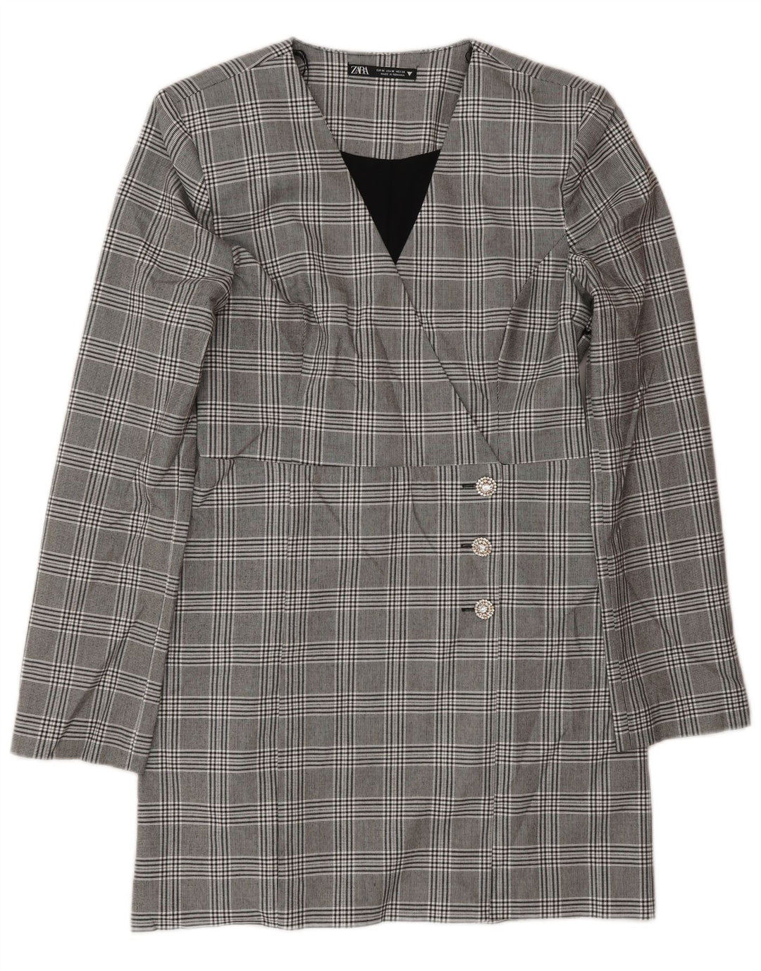 Abito a trapezio a maniche lunghe da donna Zara UK 12 Poliestere a quadri grigio medio
