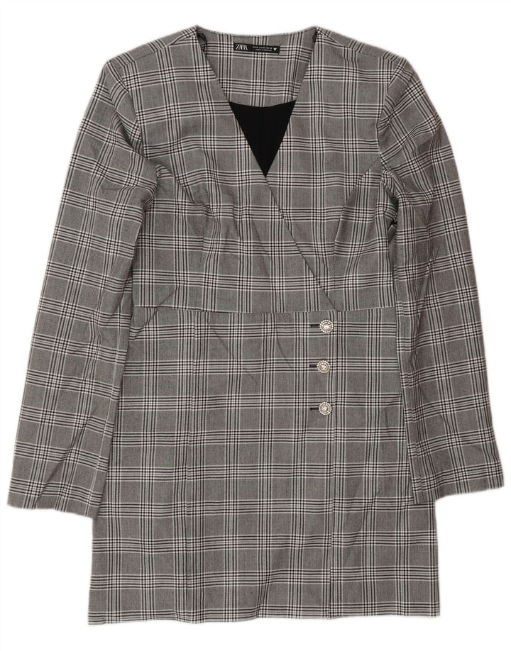 Abito a trapezio a maniche lunghe da donna Zara UK 12 Poliestere a quadri grigio medio