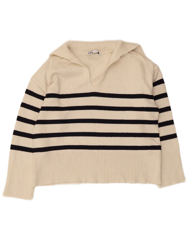 Zara Womens Oversized Polo Neck Jumper Sweater UK 10 Small Beige Striped