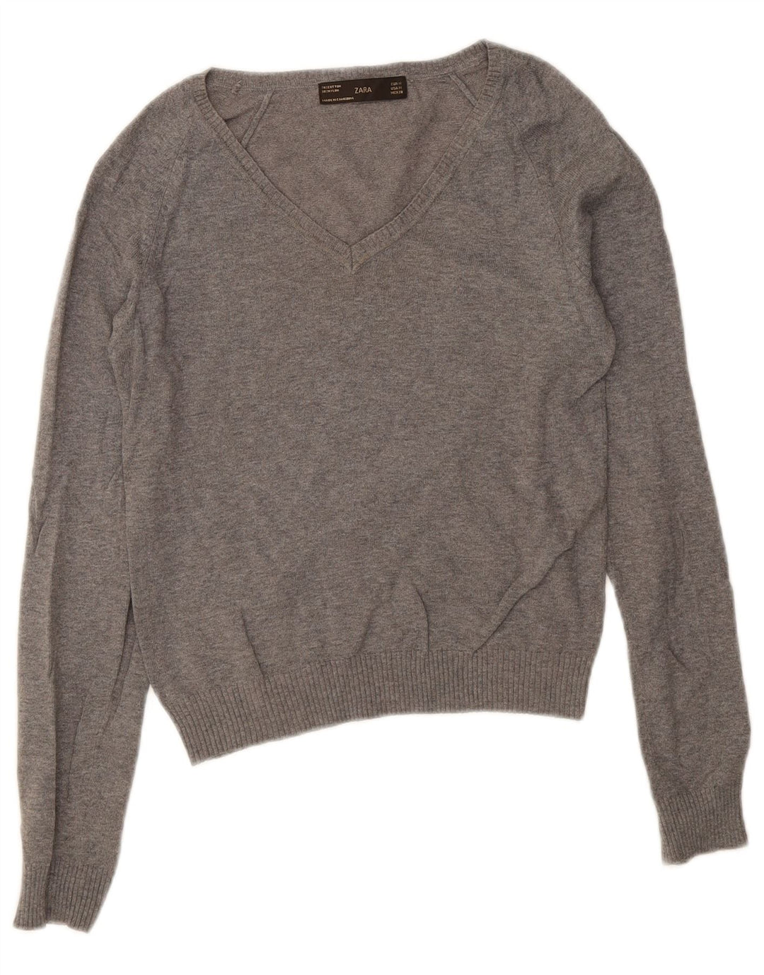 Maglione corto con scollo a V da donna Zara UK 12 Cotone grigio medio
