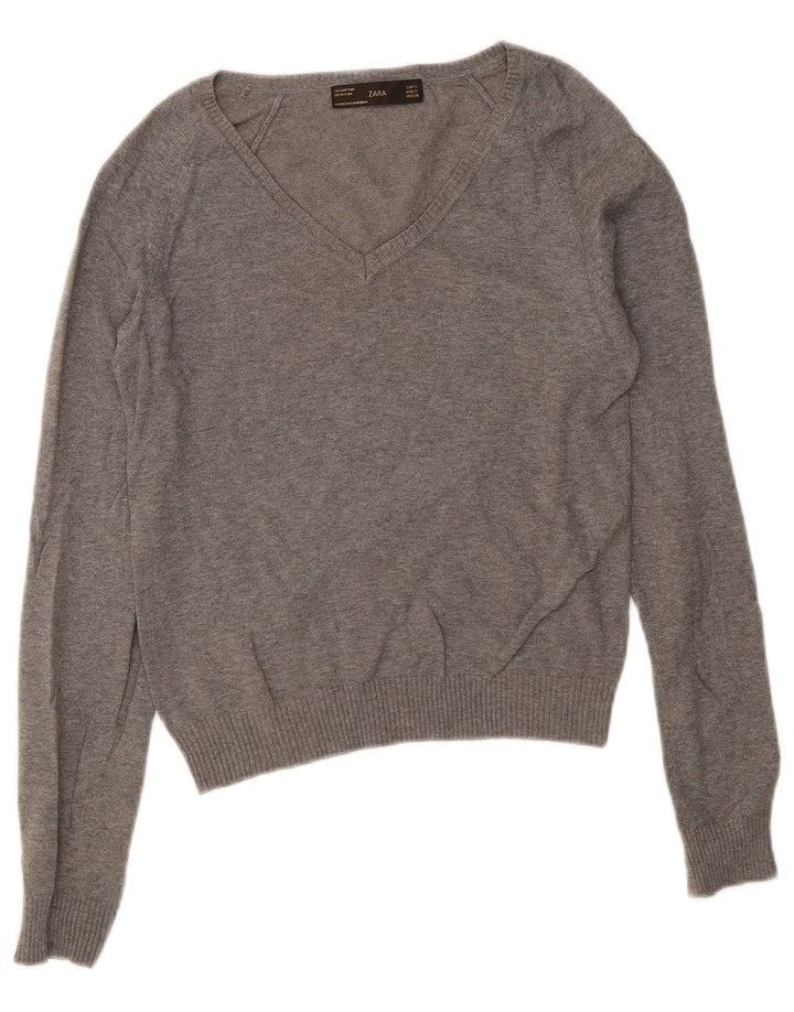 Maglione corto con scollo a V da donna Zara UK 12 Cotone grigio medio