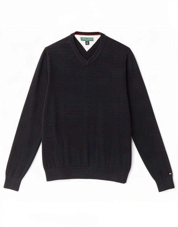 Maglione maglione con scollo a V da golf da uomo Tommy Hilfiger piccolo cotone nero