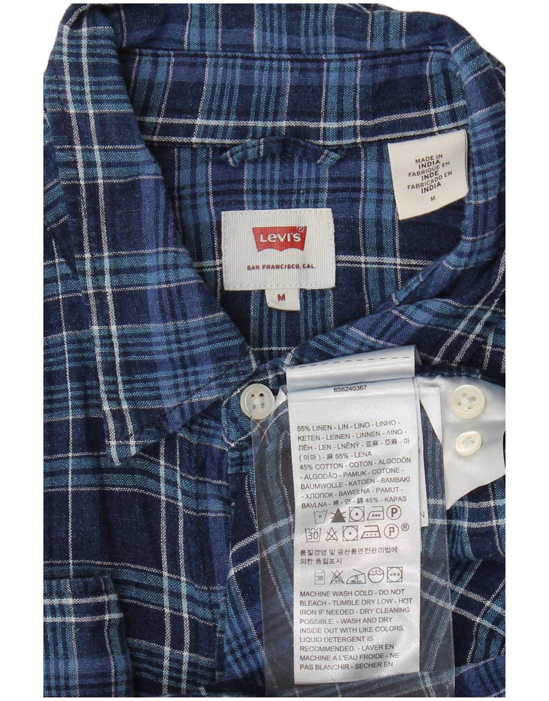 LEVI'S Camicia da uomo in lino a quadri blu navy medio