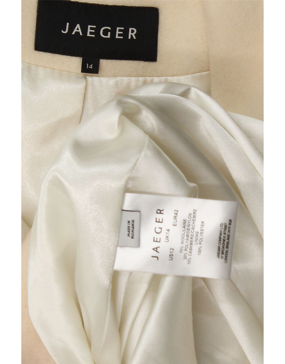 Cappotto doppiopetto da donna Jaeger UK 14 grande lana bianco sporco
