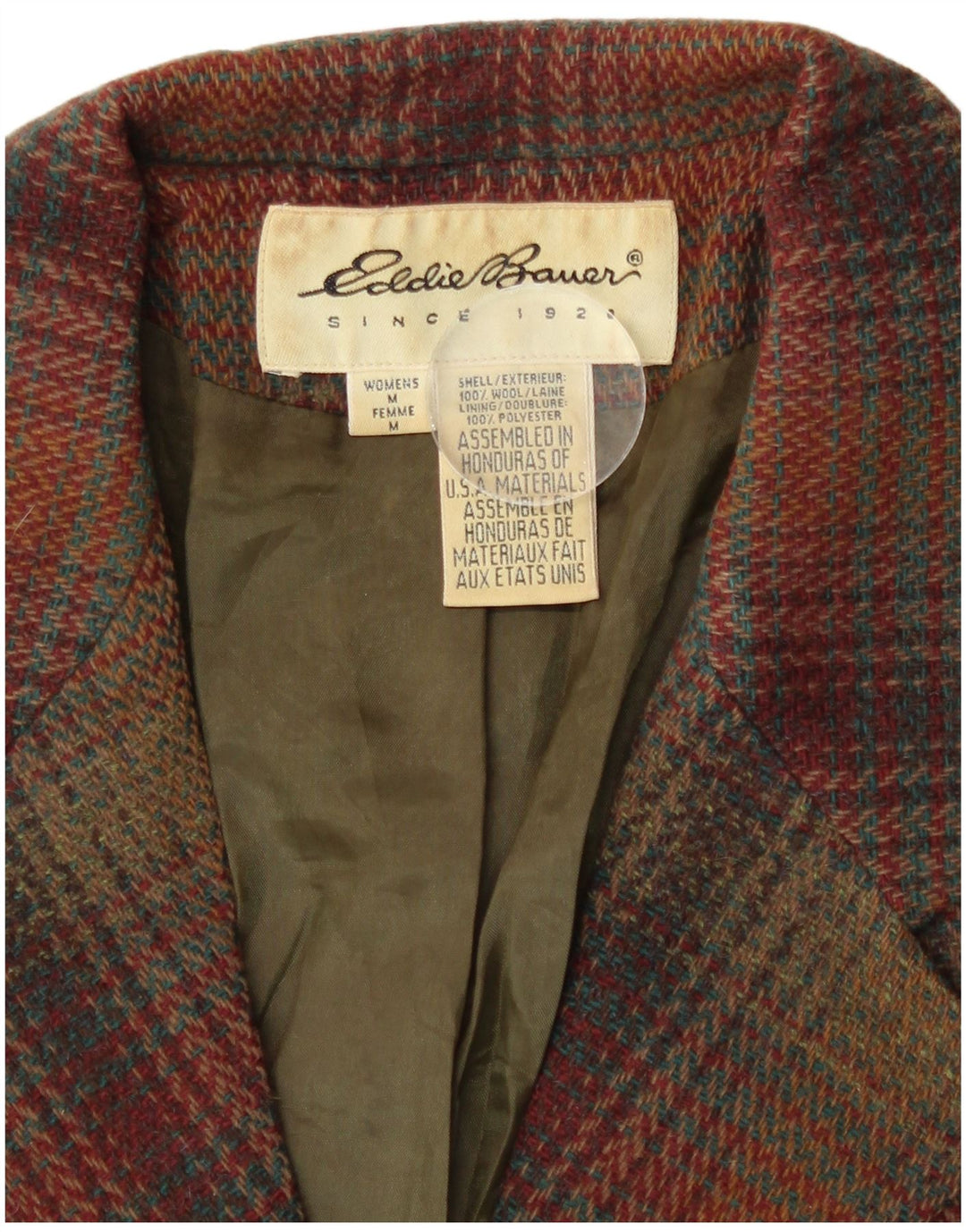 Giacca blazer da donna a 3 bottoni Eddie Bauer UK 14 lana scozzese marrone medio