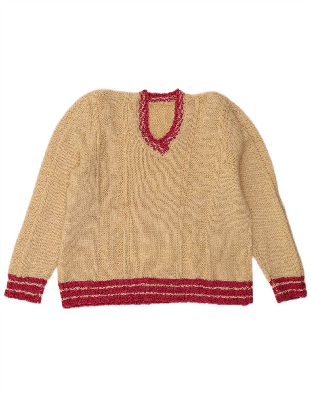 Maglione vintage da donna con scollo a V UK 12 a righe beige medio