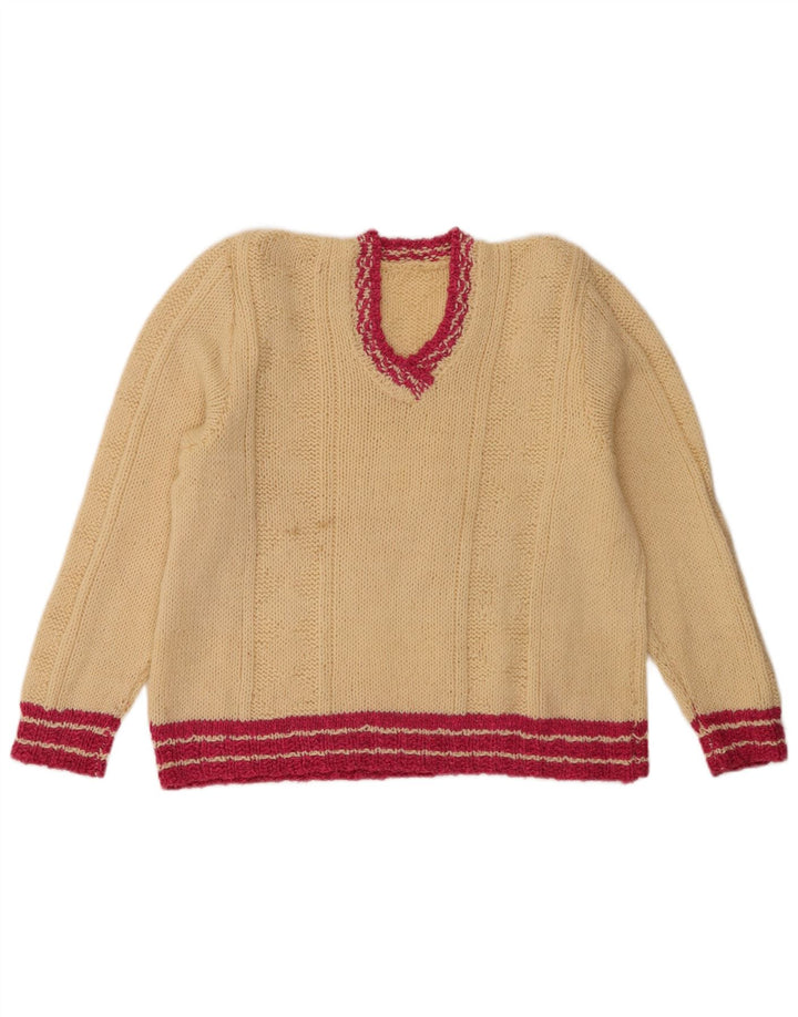 Maglione vintage da donna con scollo a V UK 12 a righe beige medio