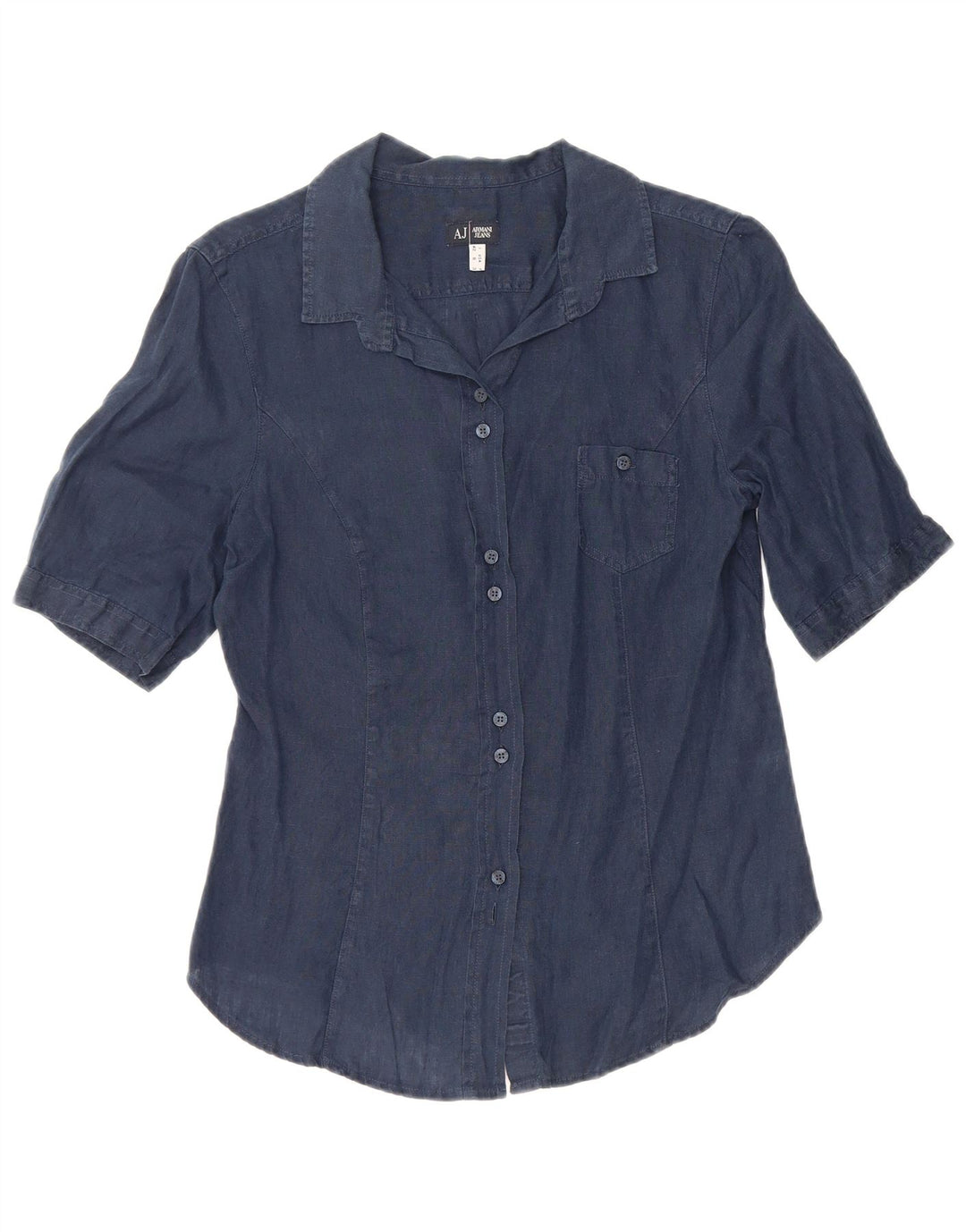 ARMANI JEANS Camicia a maniche corte da donna Camicetta UK 12 Lino medio blu navy