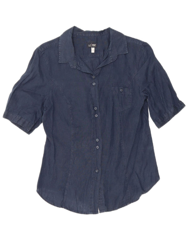 ARMANI JEANS Camicia a maniche corte da donna Camicetta UK 12 Lino medio blu navy