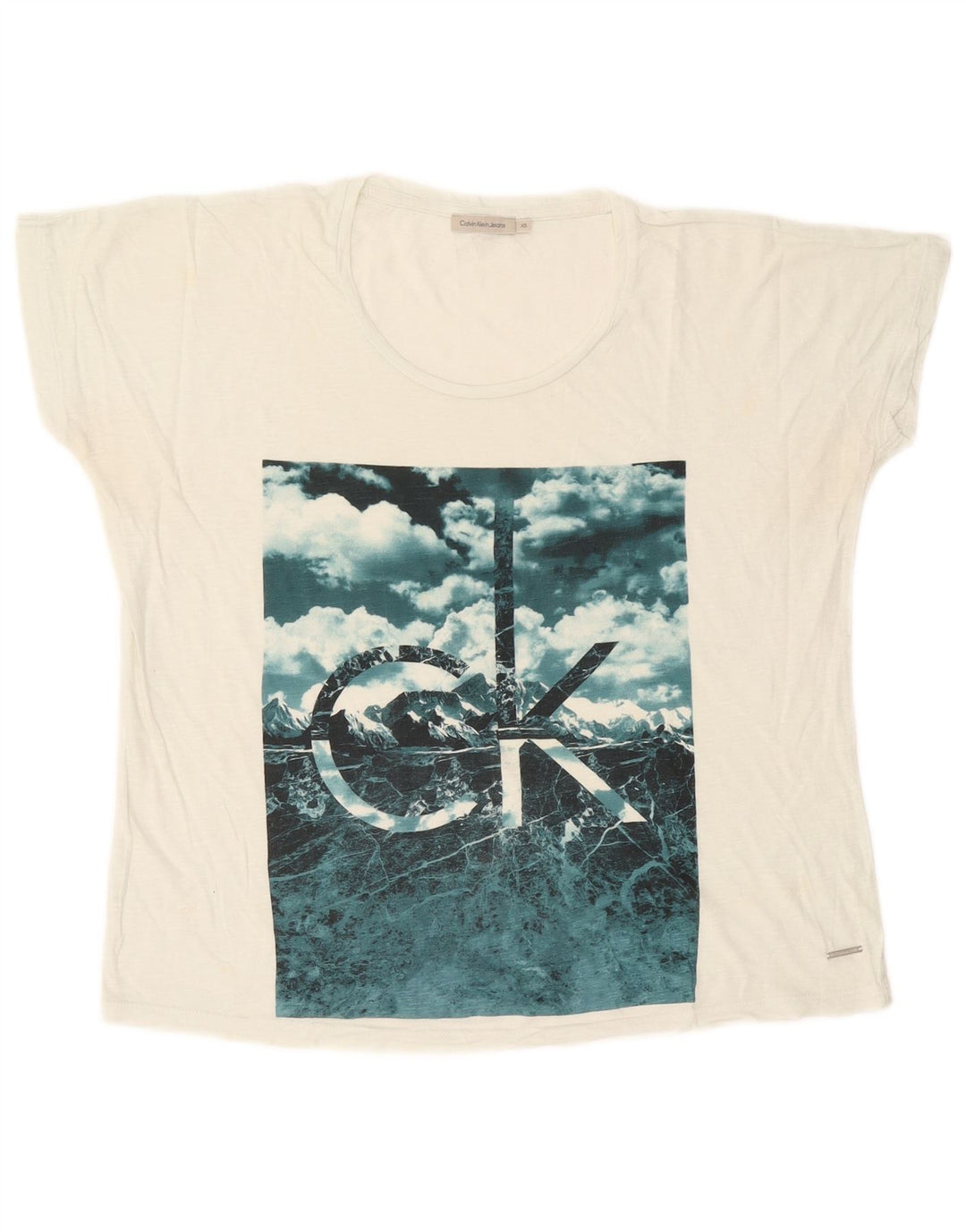 CALVIN KLEIN JEANS T-shirt grafica oversize da donna UK 6 XS Bianca