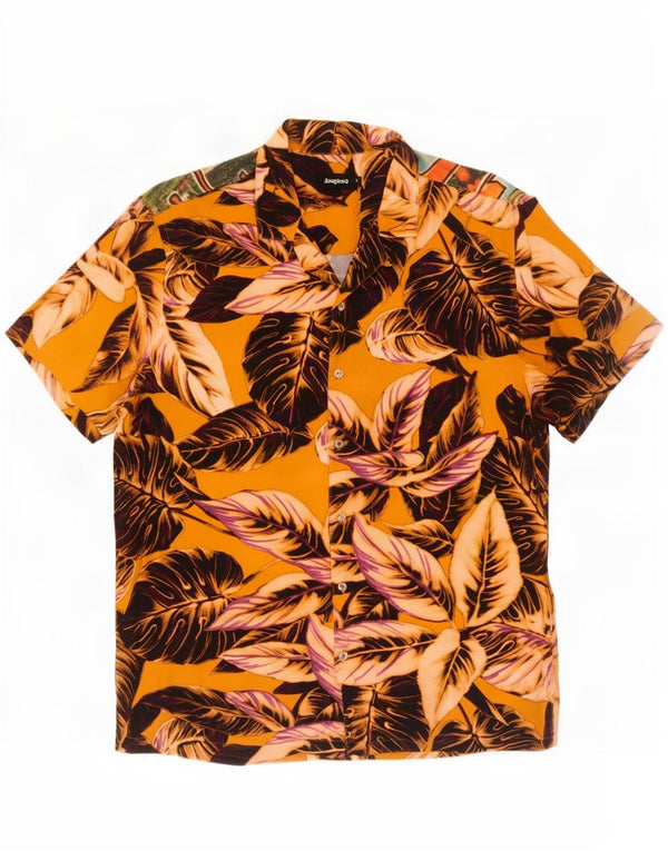 Desigual Camicia a maniche corte da uomo grande gialla floreale in viscosa hawaiana