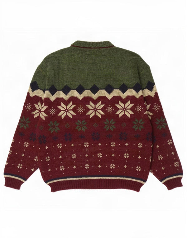 Vintage Mens Crew Neck Jumper Sweater XL Green Fair Isle Wool