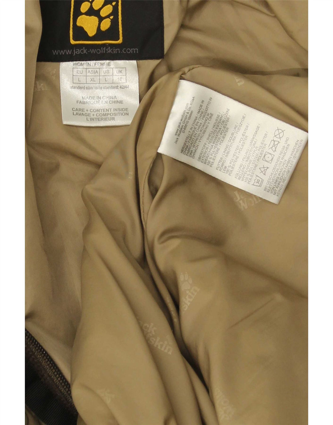 Cappotto imbottito con cappuccio da donna Jack Wolfskin UK 16 grande poliestere marrone