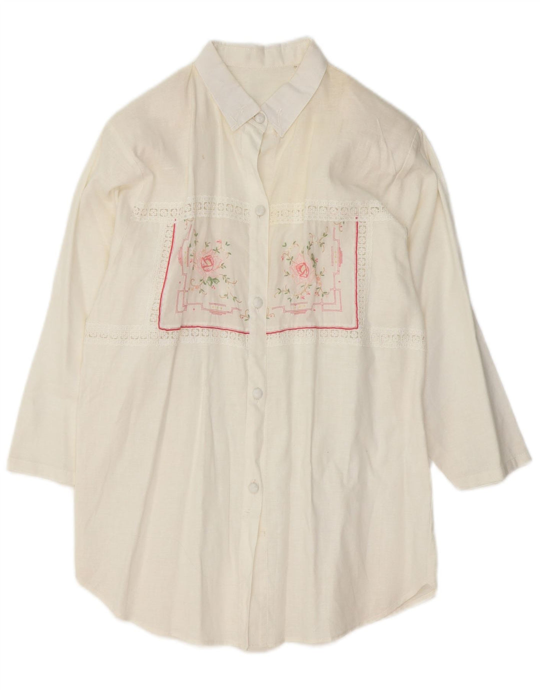 Camicetta da donna con maniche a 3/4 VINTAGE UK 14 Medium White Floral