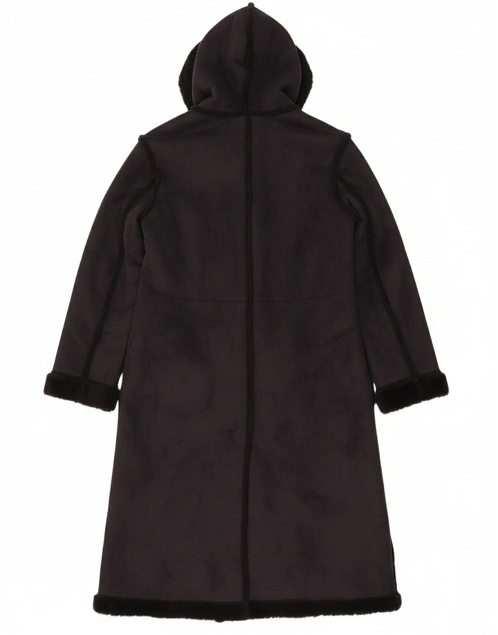 PAUL BERMAN Womens Hooded Sherpa Overcoat UK 14 Medium Navy Blue Polyester