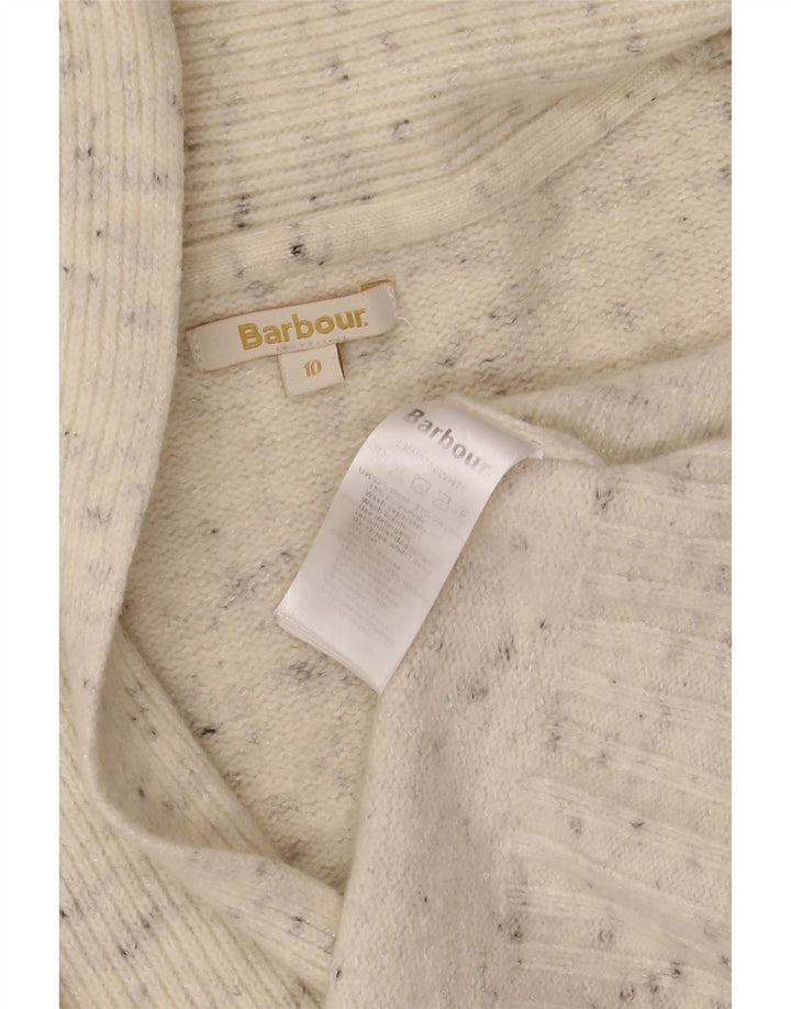 BARBOUR Maglione cardigan aperto da donna UK 10 Piccolo lana screziata bianco sporco