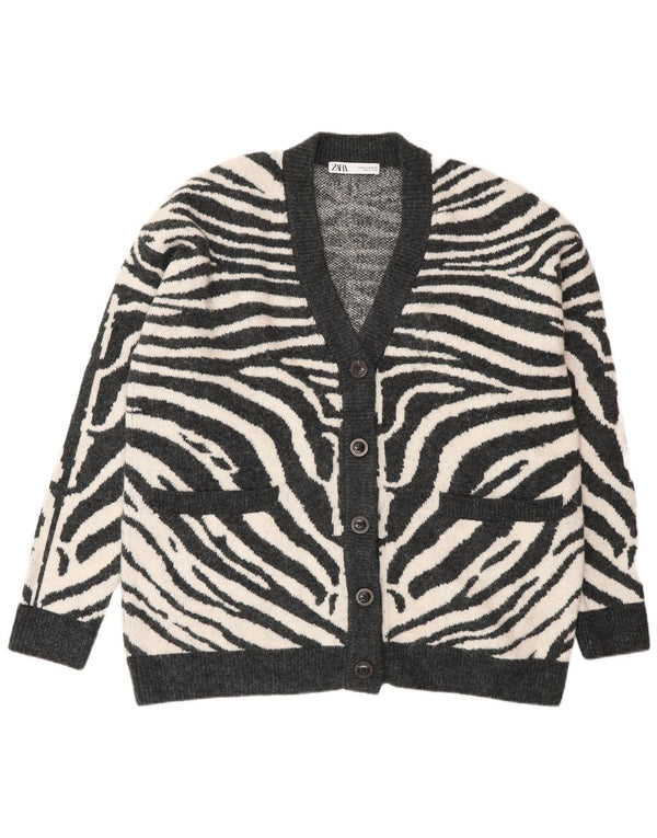 Maglione cardigan oversize da donna Zara UK 14 grigio medio stampa animalier