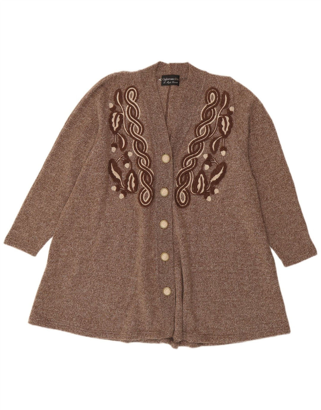 Maglione cardigan oversize a linea lunga da donna vintage UK 14 Lana marrone medio