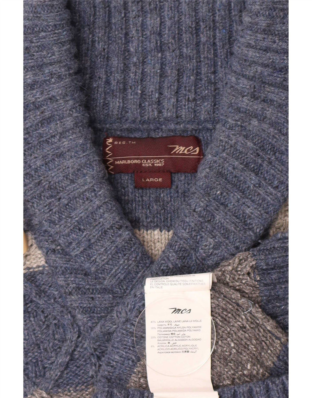 Marlboro Classics Maglione da uomo con collo a scialle in lana a righe grandi blu