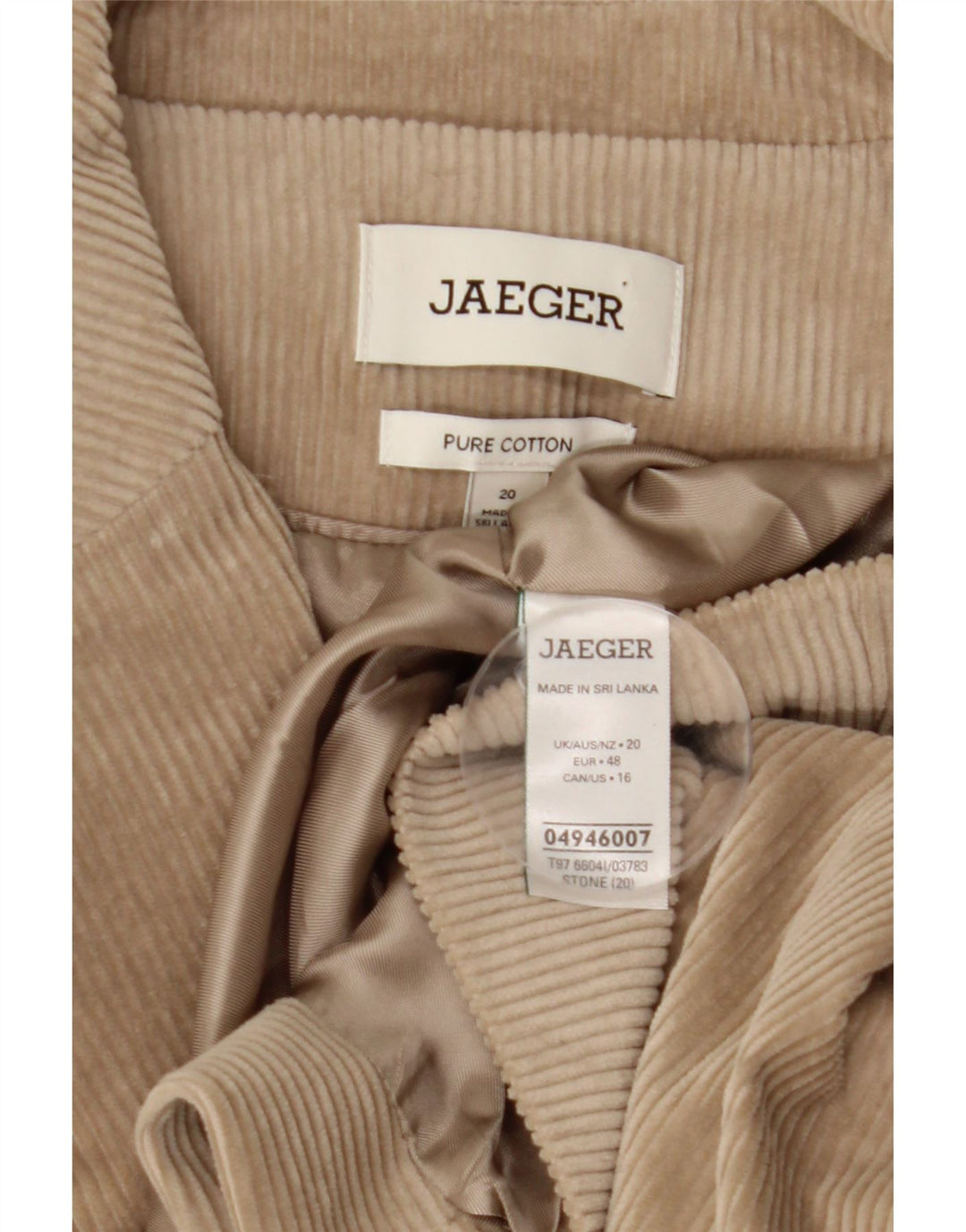 JAEGER Giacca da donna in velluto a coste a 1 bottone UK 20 2XL Cotone beige