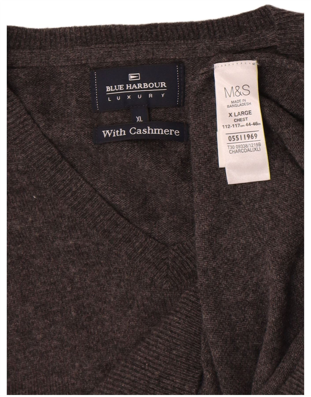 Maglione da uomo Marks & Spencer con scollo a V blu Harbour XL in lana grigia